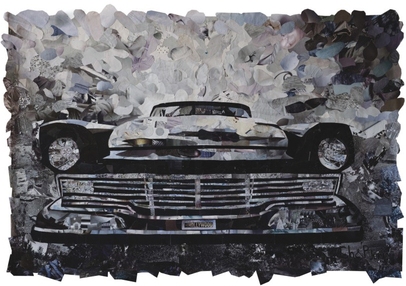 Гламурный автомобиль из кусочков глянцевого журнала художницы увидели в угрожающе мрачных тонах. 