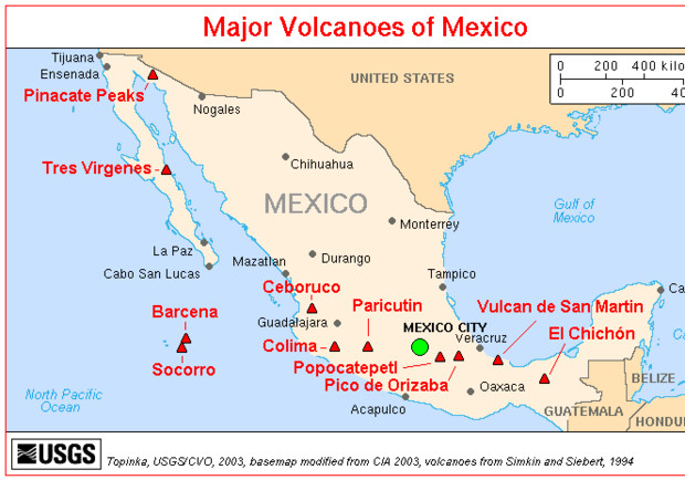 Транс-мексиканский вулканический поя.с Фото с <a href=http://upload.wikimedia.org/wikipedia/commons/a/ae/Map_mexico_volcanoes.gif>ru.wikipedia.org</a>.