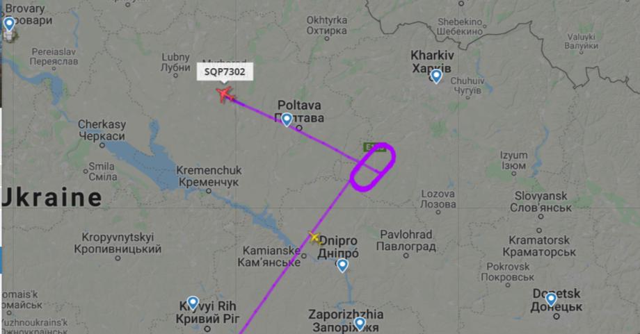 Самолет с эвакуированными не сел в Харькове. Скриншот: flightradar24.com
