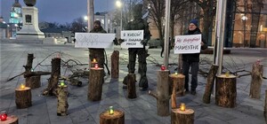 Пни и зажженные лампадки: в центре Харькова проходит эко-акция против вырубки деревьев
