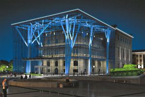 Голубой цвет используют для контраста с основным цветом подсветки площади. Фото с сайта Харьковского горсовета.