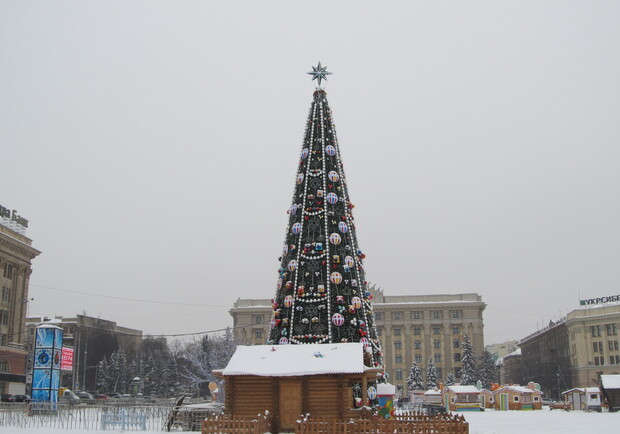 Украшения на площади Свободы засыпало снегопадом. Фото: Алексея БИТНЕРА.