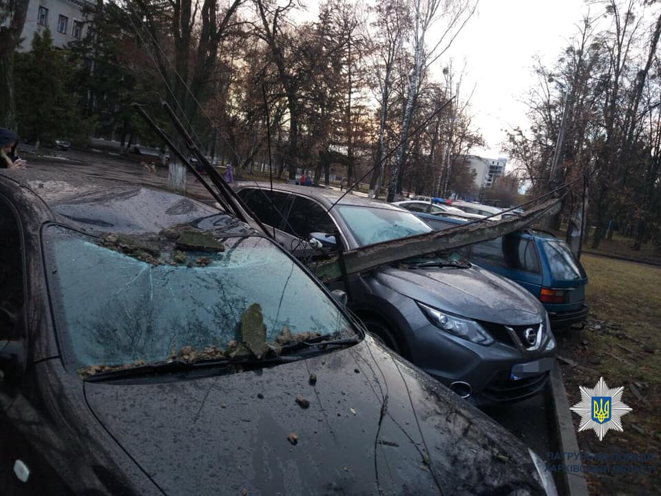 В Харькове столб рухнул на машины. Фото: патрульная полиция