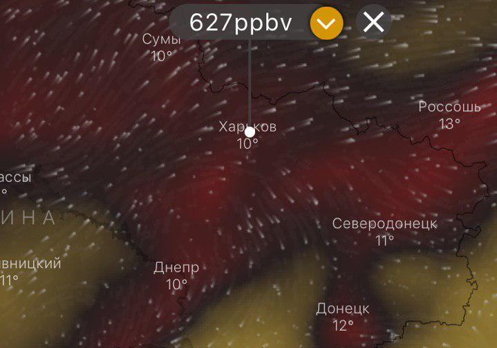 Уровень загрязнения воздуха угарным газом в Харькове по данным Windy