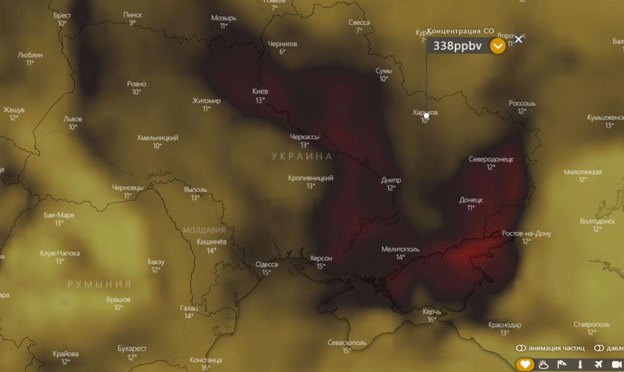 Какой уровень загрязнения воздуха в Харькове сегодня. Скриншот: Windy.com