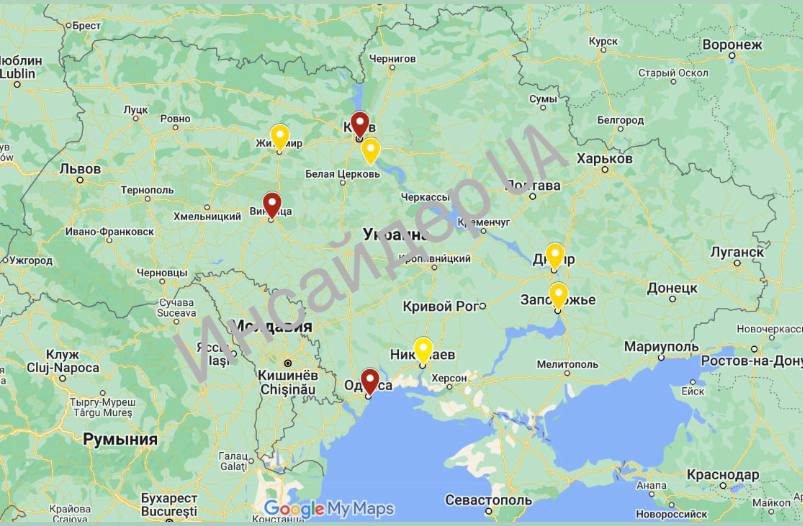 Желтым на карте обозначены регионы, где работала ПВО, красным &mdash; места прилетов. Фото: Инсайдер
