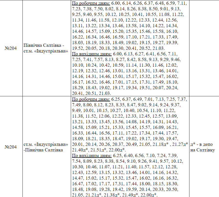 Расписание маршрутки №204 в Харькове