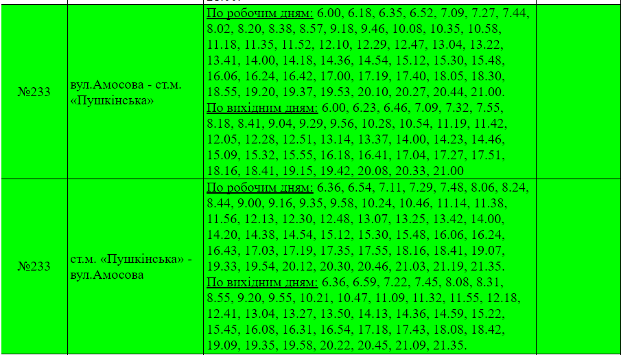 Расписание маршрутки №233 в Харькове