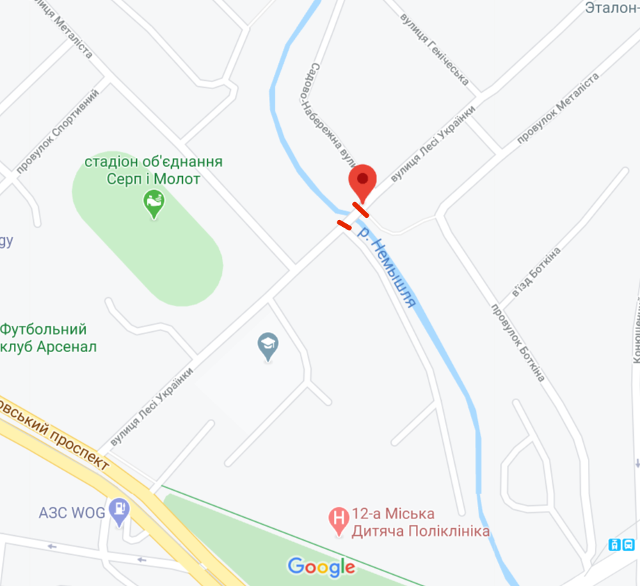 В Харькове перекрыли мост на улице Леси Украинки. Скриншот: Гугл.Карты