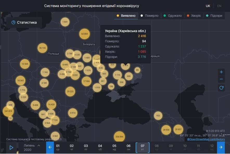Коронавирус в Харьковской области: статистика на 7 июля 2020. Скриншот: covid19.rnbo.gov.ua