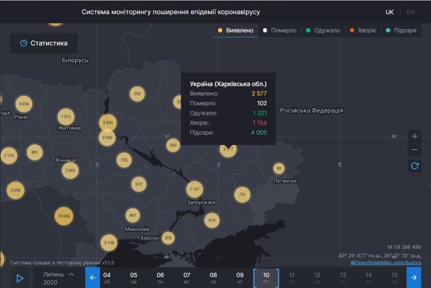 Коронавирус в Харьковской области: статистика на 10 июля 2020. Скриншот: covid19.rnbo.gov.ua