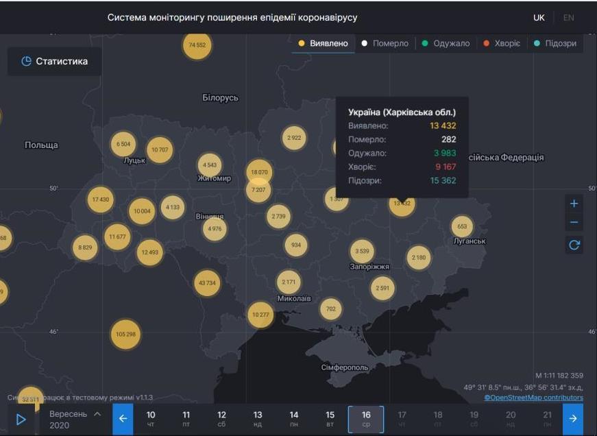 Коронавирус в Харьковской области: статистика на 16 сентября 2020 года. Скриншот: covid19.rnbo.gov.ua