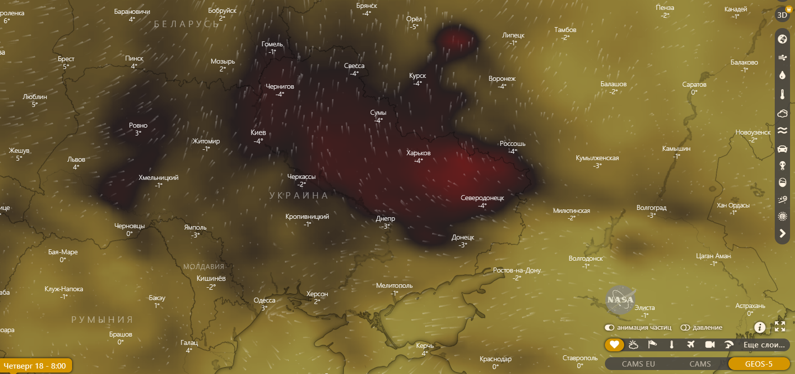 Над Харьковом наблюдается высокая концентрация СО в воздухе.