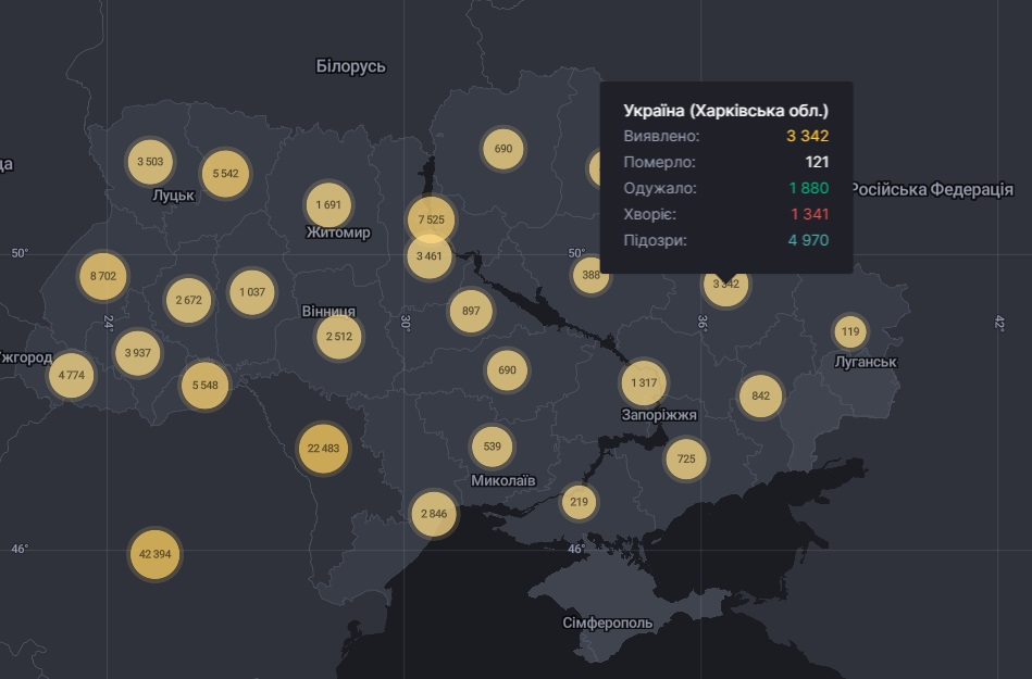 Коронавирус в Харьковской области: статистика на 25 июля 2020 года. Скриншот: covid19.rnbo.gov.ua