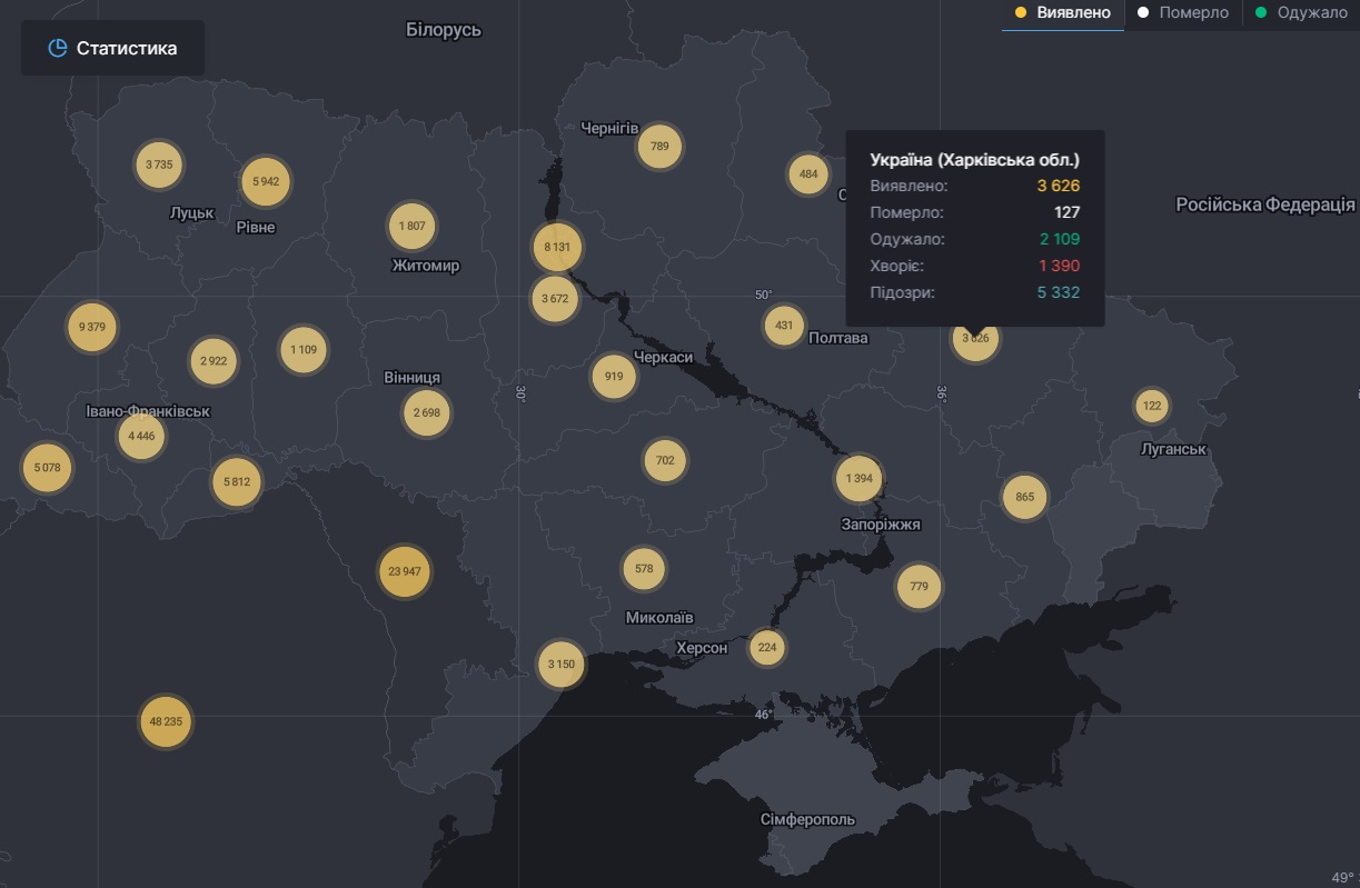 Коронавирус в Харьковской области: статистика на 30 июля 2020 года. Скриншот: covid19.rnbo.gov.ua