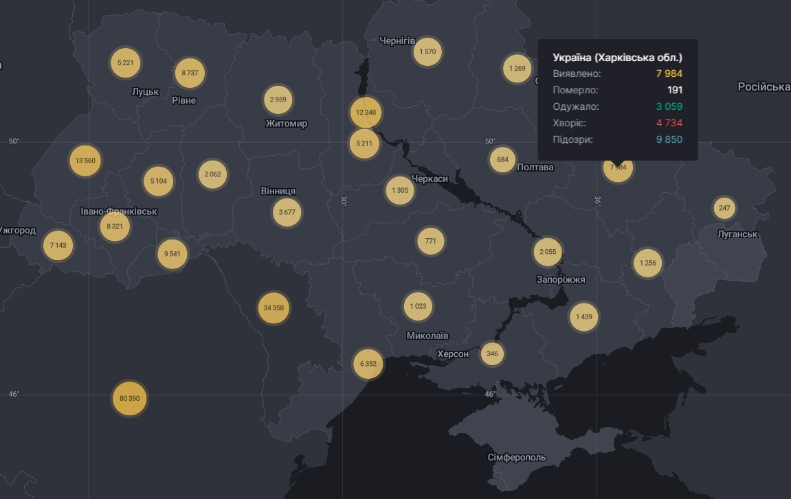 Коронавирус в Харьковской области: статистика на 26 августа 2020 года. Скриншот: covid19.rnbo.gov.ua