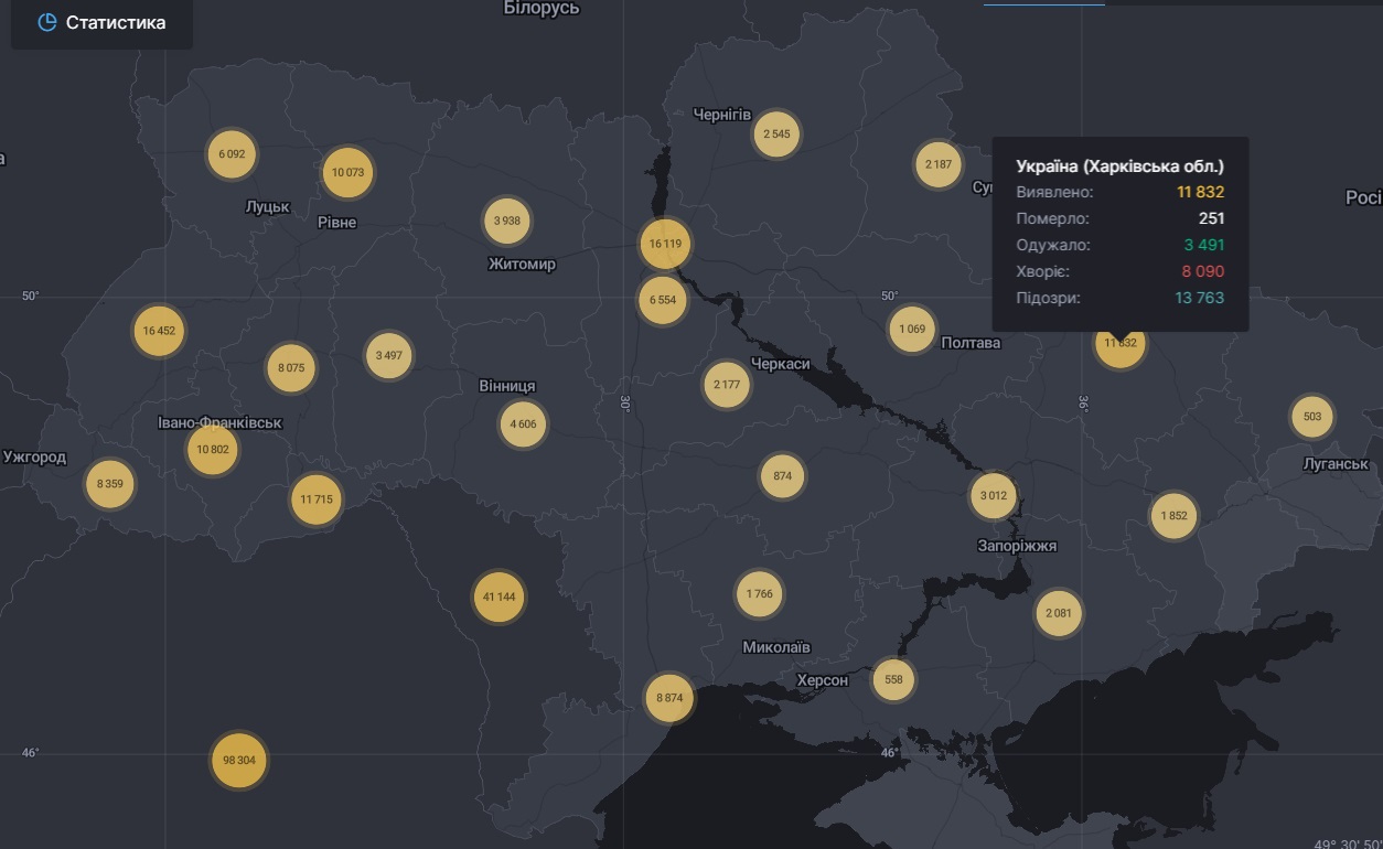 Коронавирус в Харьковской области: статистика на 10 сентября 2020 года. Скриншот: covid19.rnbo.gov.ua