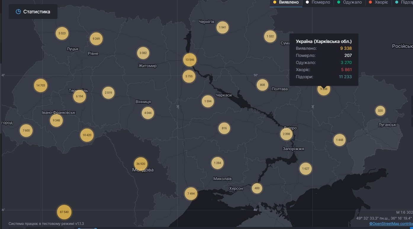 Коронавирус в Харьковской области: статистика на 1 сентября 2020 года. Скриншот: covid19.rnbo.gov.ua