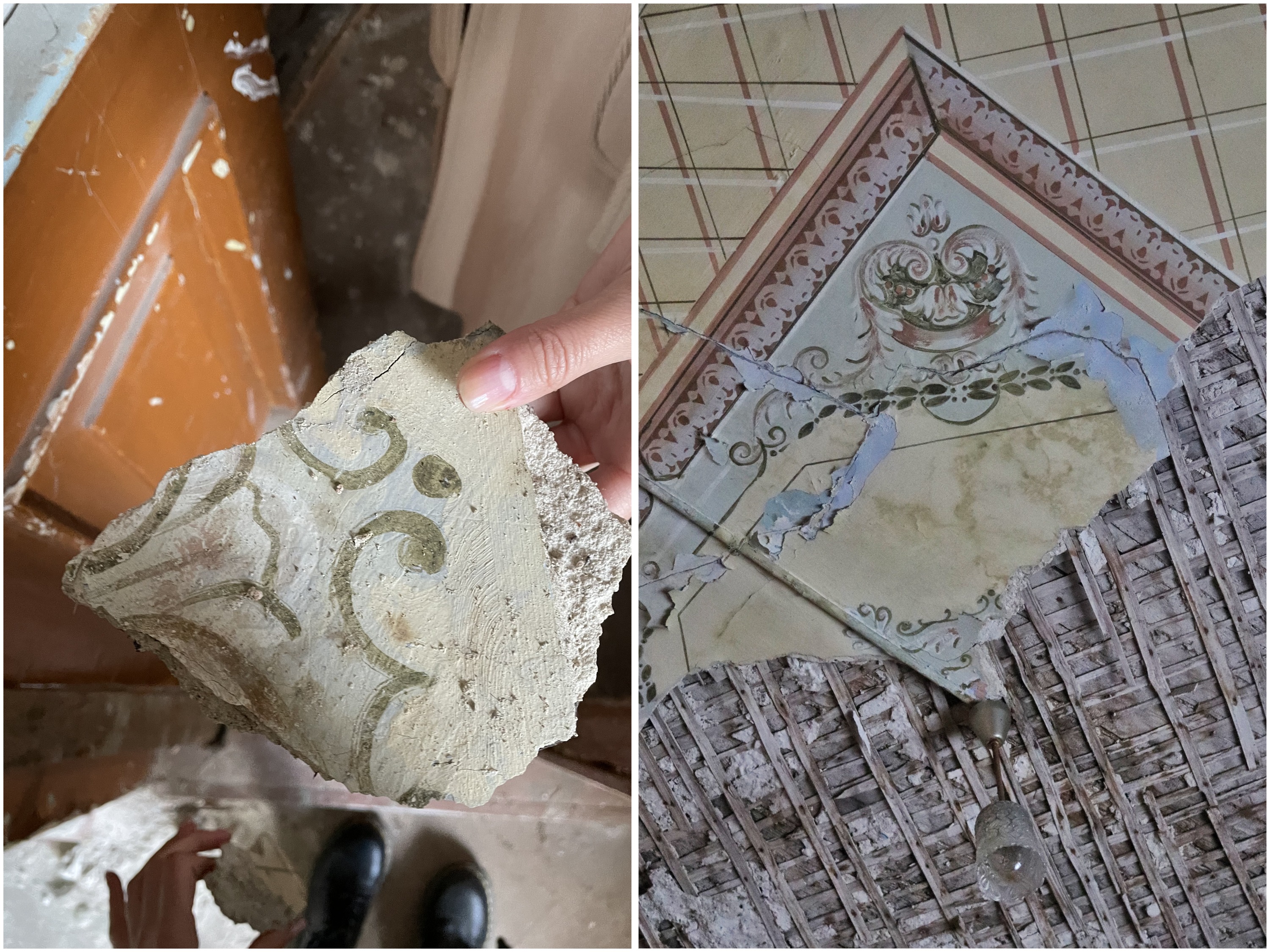 Осыпавшаяся штукатурка с росписью.