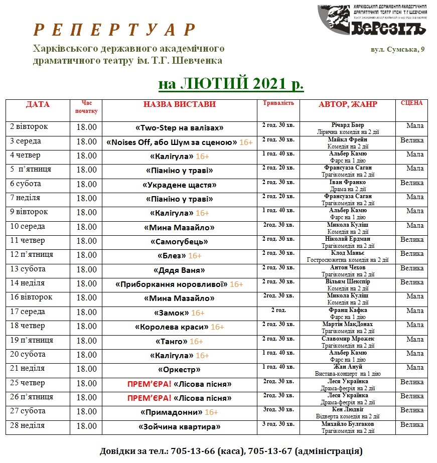 Театр Шевченко. Афиша на февраль 2021: фото 1
