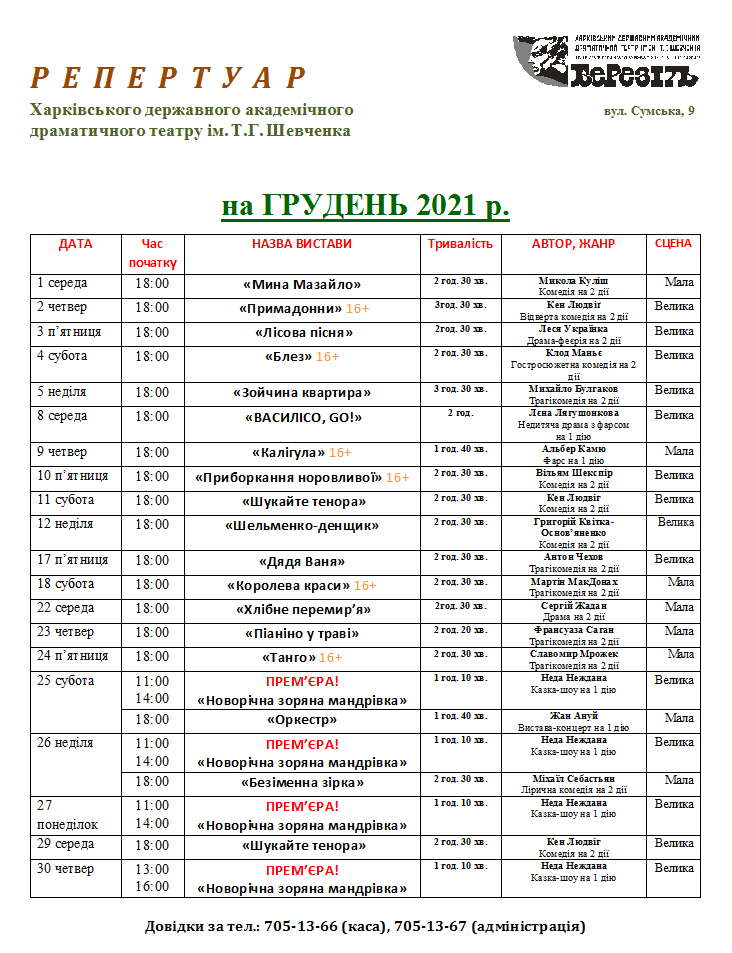 Театр Шевченко. Афиша на декабрь 2021: фото 1